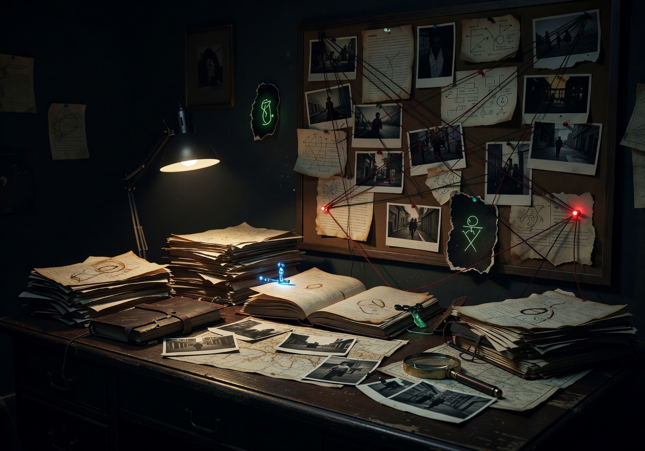 A dark detective desk with case files and subtle glowing clues